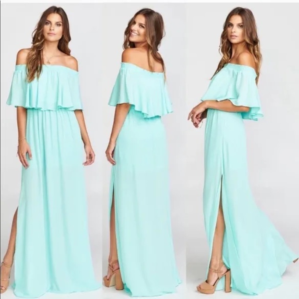 Show Me Your MuMu Aqua Hacienda Ruffled Off-Shoulder Maxi Dress